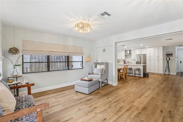 Chandelier, Interior, Kitchen, Recessed Lighting, Stainless Steel Appliances, Wood Texture Flooring