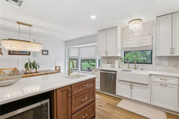 Chandelier, Interior, Kitchen, Recessed Lighting, Wood Texture Flooring