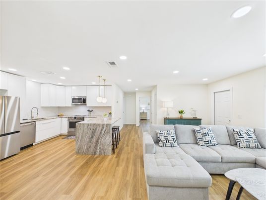 Interior, Kitchen, Living room, Pendant Lights, Recessed Lighting, Stainless Steel Appliances, Wood Texture Flooring
