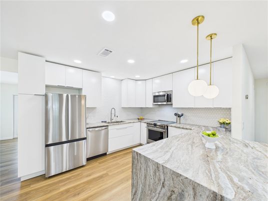 Interior, Kitchen, Pendant Lights, Recessed Lighting, Stainless Steel Appliances, Wood Texture Flooring