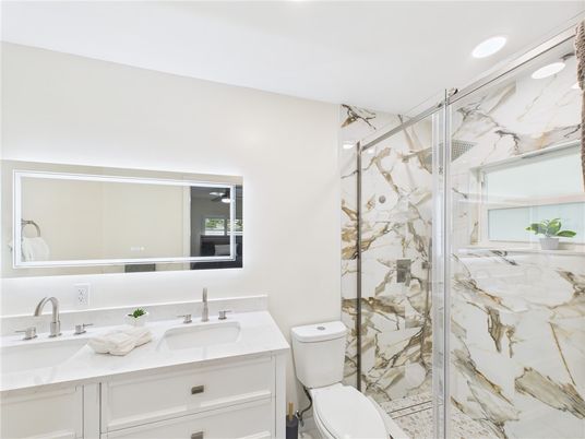Bathroom, Glass Shower, Interior, Marble Walls, Recessed Lighting