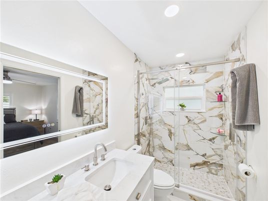 Bathroom, Glass Shower, Interior, Marble Walls, Recessed Lighting