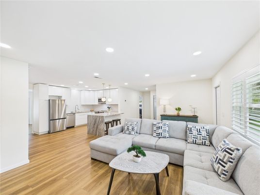 Interior, Kitchen, Living room, Pendant Lights, Recessed Lighting, Stainless Steel Appliances, Wood Texture Flooring
