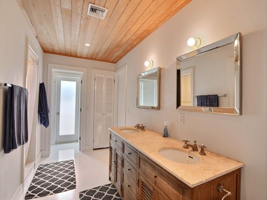 Bathroom, Dual Sink Vanities, Interior, Recessed Lighting, Wooden Ceilings