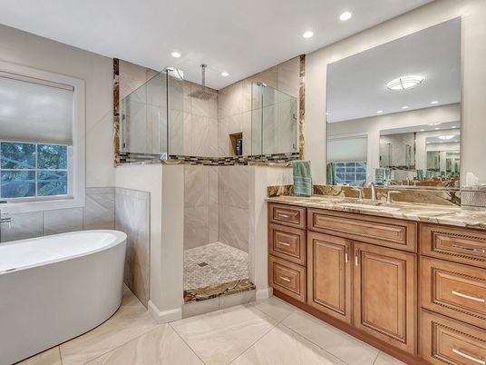 Bathroom, Dual Sink Vanities, Free Standing Baths, Glass Shower, Interior, Recessed Lighting