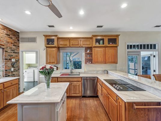 Interior, Kitchen, Recessed Lighting, Stainless Steel Appliances, Stone Walls, Wood Texture Flooring