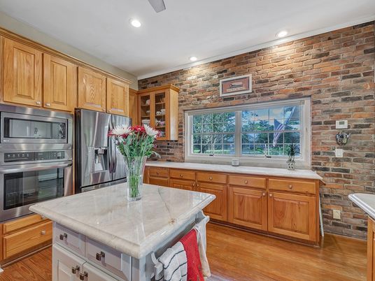 Interior, Kitchen, Recessed Lighting, Stainless Steel Appliances, Stone Walls, Wood Texture Flooring