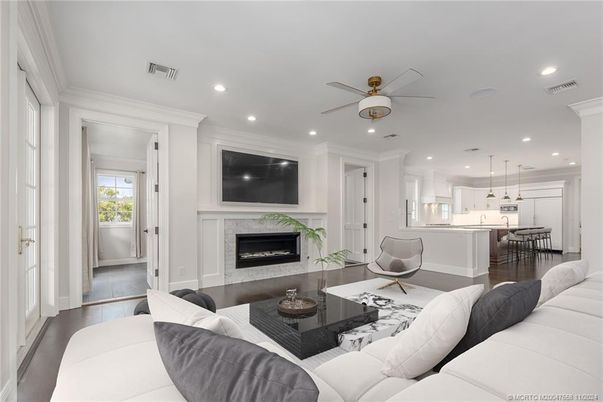 Fireplace, Interior, Kitchen, Living room, Pendant Lights, Recessed Lighting, Wood Texture Flooring