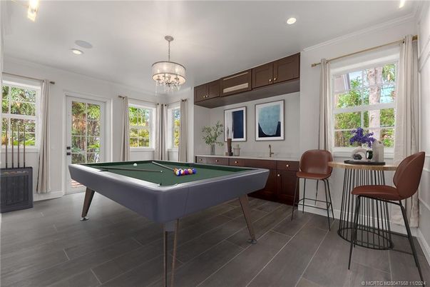 Billiard Table, Chandelier, Game Room, Interior, Recessed Lighting, Wood Texture Flooring