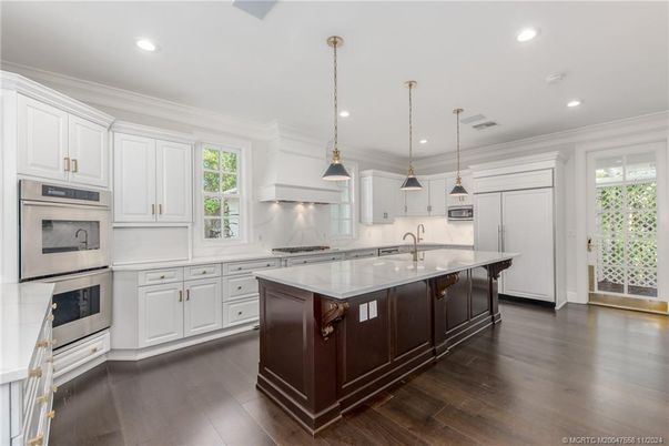 Interior, Kitchen, Pendant Lights, Recessed Lighting, Stainless Steel Appliances, Wood Texture Flooring