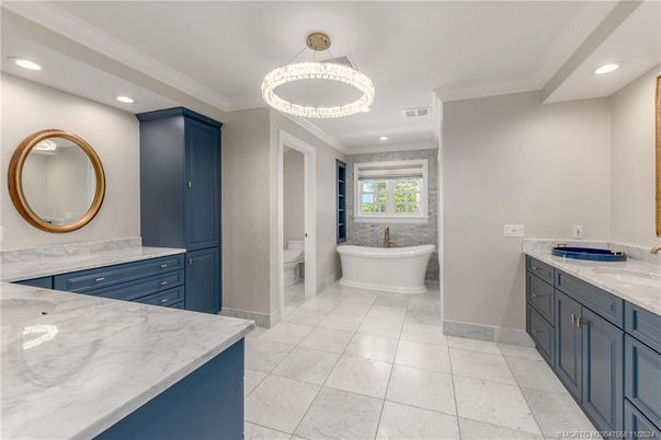 Bathroom, Dual Sink Vanities, Free Standing Baths, Interior, Marble, Recessed Lighting