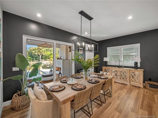 Dining room, Interior, Pendant Lights, Recessed Lighting, Wood Texture Flooring