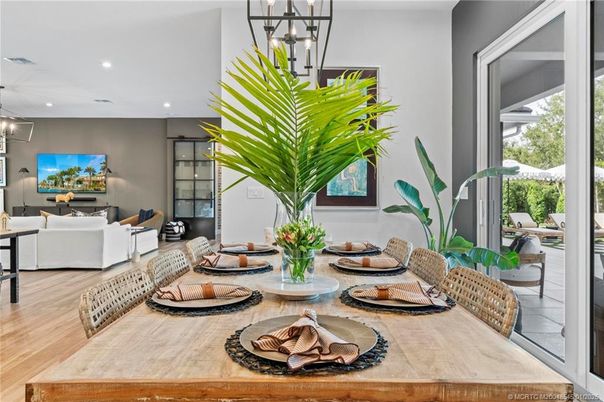 Dining room, Interior, Living room, Pendant Lights, Recessed Lighting, Wood Texture Flooring