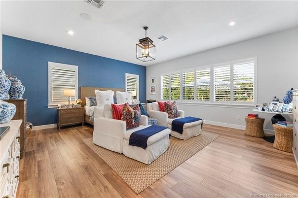 Bedroom, Interior, Pendant Lights, Recessed Lighting, Wood Texture Flooring