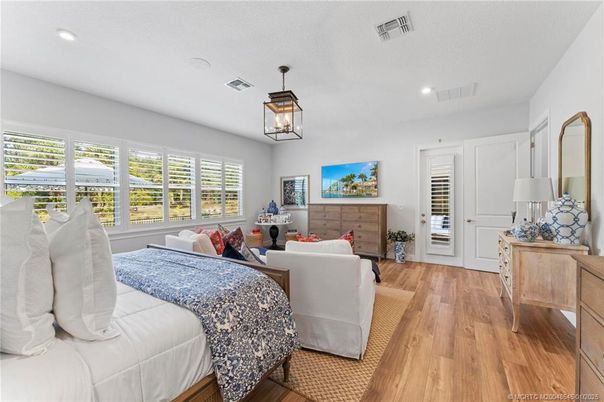 Bedroom, Interior, Pendant Lights, Recessed Lighting, Wood Texture Flooring