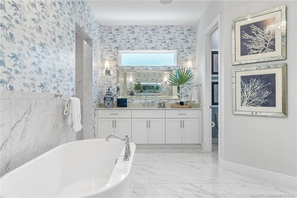Bathroom, Dual Sink Vanities, Free Standing Baths, Interior, Marble, Marble Walls