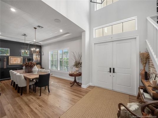 Dining room, Interior, Pendant Lights, Recessed Lighting, Wood Texture Flooring