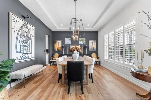 Dining room, Interior, Pendant Lights, Recessed Lighting, Wood Texture Flooring