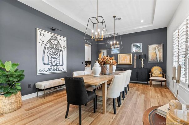 Dining room, Interior, Pendant Lights, Recessed Lighting, Wood Texture Flooring