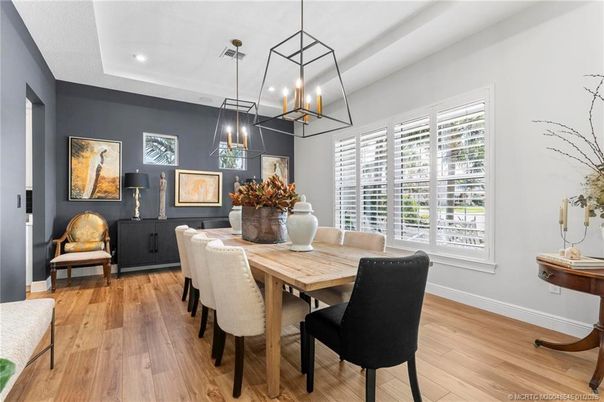 Dining room, Interior, Pendant Lights, Recessed Lighting, Wood Texture Flooring