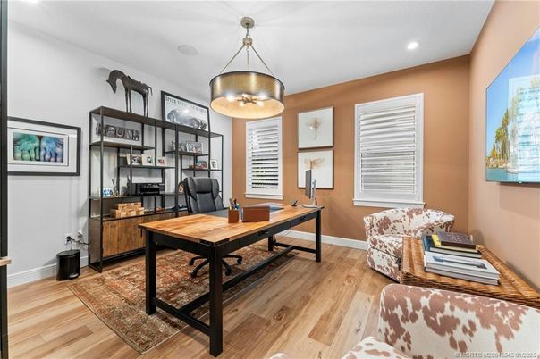 Home Office, Interior, Pendant Lights, Recessed Lighting, Wood Texture Flooring