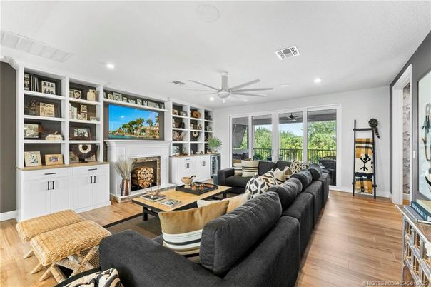 Fireplace, Interior, Living room, Recessed Lighting, Wood Texture Flooring