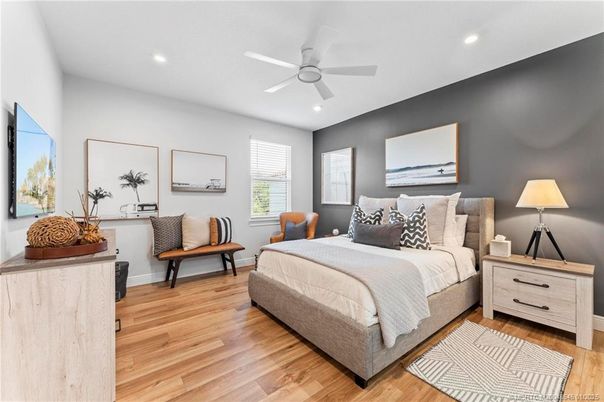 Bedroom, Interior, Recessed Lighting, Wood Texture Flooring