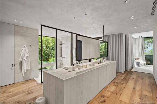 Bathroom, Dual Sink Vanities, Interior, Pendant Lights, Recessed Lighting, Wood Texture Flooring