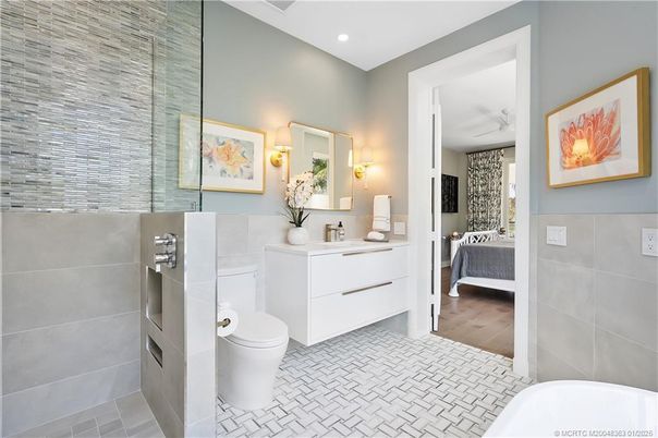 Bathroom, Bedroom, Glass Shower, Interior, Recessed Lighting, Wood Texture Flooring