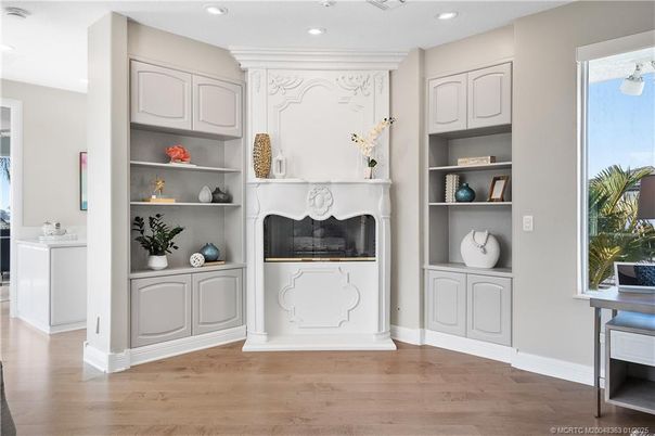 Fireplace, Interior, Recessed Lighting, Wood Texture Flooring