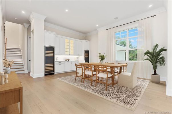 Dining room, Interior, Kitchen, Recessed Lighting, Stainless Steel Appliances, Wood Texture Flooring