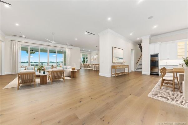 Dining room, Interior, Kitchen, Living room, Recessed Lighting, Stainless Steel Appliances, Wood Texture Flooring