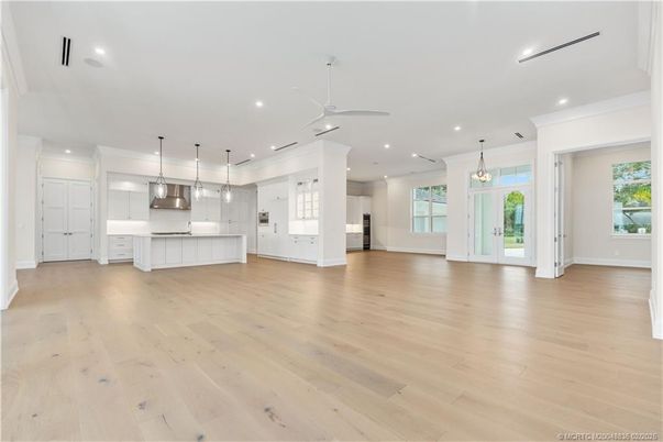 Empty room, Interior, Kitchen, Pendant Lights, Recessed Lighting, Wood Texture Flooring