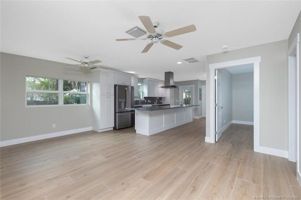 Empty room, Interior, Kitchen, Recessed Lighting, Wood Texture Flooring