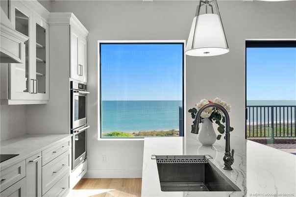 Interior, Kitchen, Pendant Lights, Stainless Steel Appliances, Water, Wood Texture Flooring