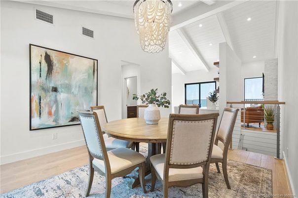 Chandelier, Dining room, Interior, Recessed Lighting, Wood Texture Flooring