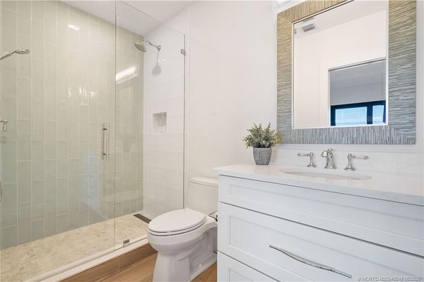 Bathroom, Glass Shower, Interior, Wood Texture Flooring