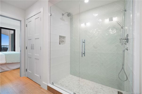 Bathroom, Glass Shower, Interior, Recessed Lighting, Wood Texture Flooring