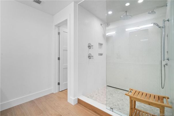 Bathroom, Glass Shower, Interior, Recessed Lighting, Wood Texture Flooring