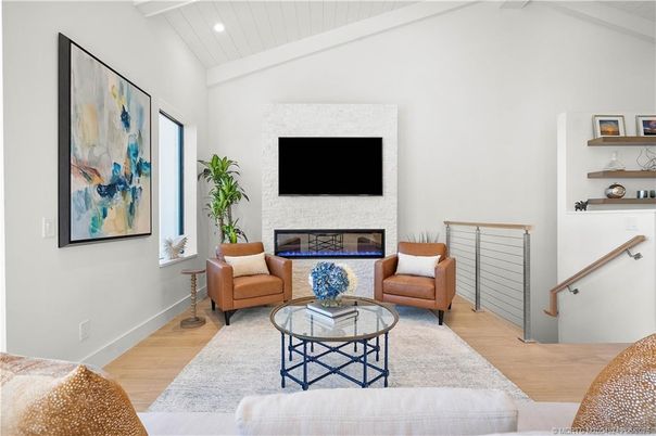 Fireplace, Interior, Living room, Recessed Lighting, Wood Texture Flooring