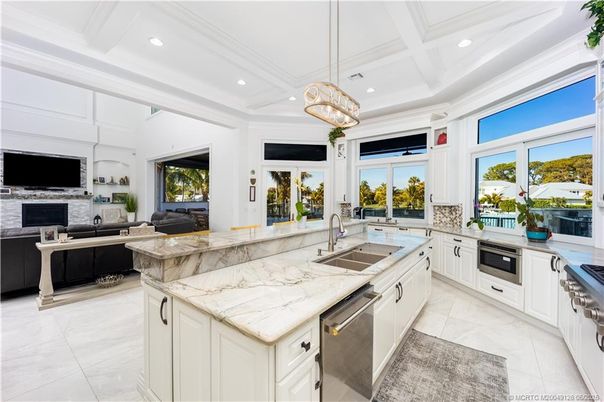 Fireplace, Interior, Kitchen, Living room, Pendant Lights, Recessed Lighting, Stainless Steel Appliances