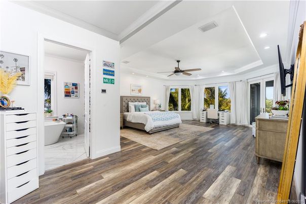 Bedroom, Interior, Marble, Recessed Lighting, Wood Texture Flooring
