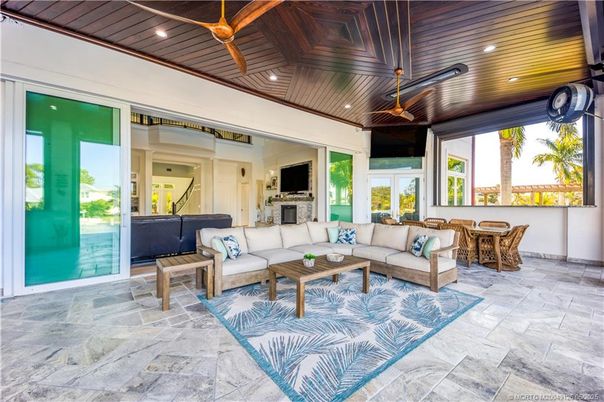 Dining room, Fireplace, Interior, Living room, Recessed Lighting, Wooden Ceilings