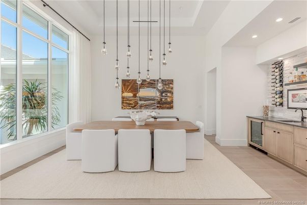 Dining room, Interior, Pendant Lights, Recessed Lighting, Wood Texture Flooring