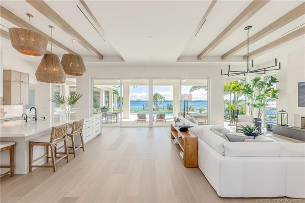 Fireplace, Interior, Kitchen, Living room, Pendant Lights, Recessed Lighting, Water, Wooden Beams, Wood Texture Flooring