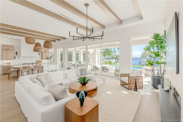 Dining room, Interior, Kitchen, Living room, Pendant Lights, Recessed Lighting, Water, Wooden Beams, Wood Texture Flooring