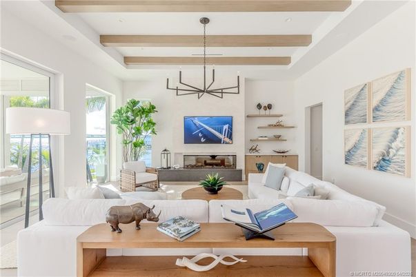 Fireplace, Interior, Living room, Pendant Lights, Wooden Beams