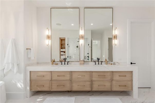 Bathroom, Dual Sink Vanities, Interior, Marble, Recessed Lighting