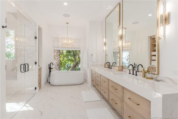 Bathroom, Dual Sink Vanities, Free Standing Baths, Glass Shower, Interior, Marble, Pendant Lights, Recessed Lighting