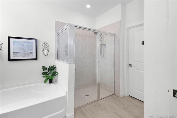 Bathroom, Glass Shower, Interior, Recessed Lighting, Wood Texture Flooring